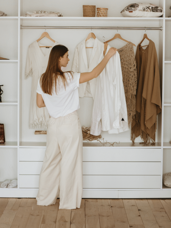 Stiliste veic garderobes revīziju un pārskata klienta skapi, atlasot un kombinējot apģērbus.